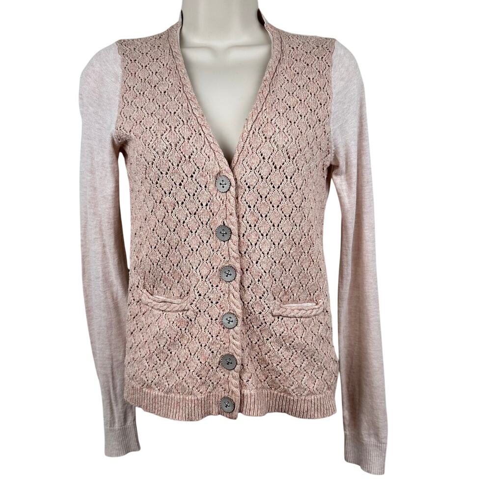 MOTH Anthropologie Crochet Cardigan Sweater Button Front Sm Pink  Boho Cottage
